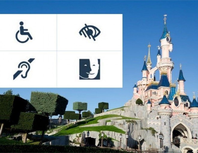 Pictogramas de discapacidades junto al castillo de Disneyland París