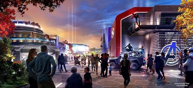 Arte conceptual de la calle principal en la futura nueva zona Avengers Campus de Disneyland París