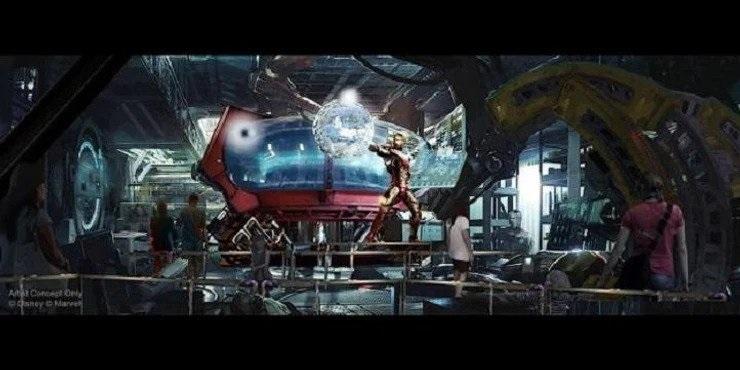 Arte conceptual del interior de la atracción Iron Man en Avengers Campus de Disneyland Paris