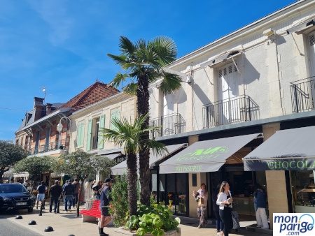 Calle con tiendas y arquitectura característica de Arcachon Francia