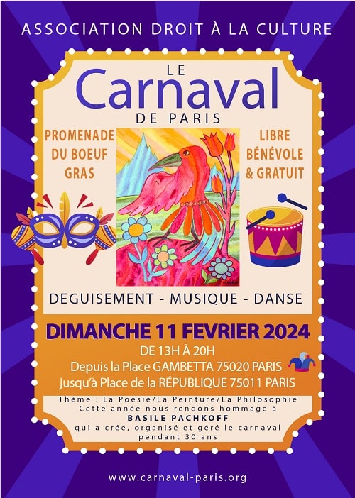 Cartel Carnaval París 2024 con una máscara y un tambor
