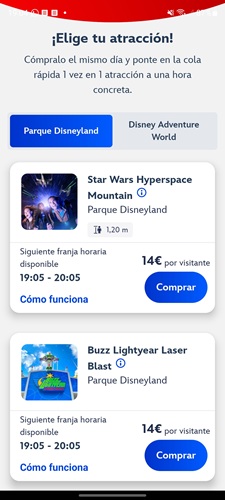 Paso 3 en la App de Disneyland Paris. Lista de atracciones del DPA One con precio dinámico y franja horaria de cola rápida.