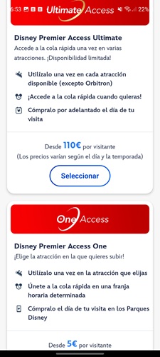Paso 2 en la App oficial de Disneyland Paris. Pantalla para elegir entre comprar el pase rápido DPA Ultimate o el DPA One.