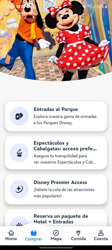 Paso 1 en la App de Disneyland Paris: pestaña Comprar y selección del Disney Premier Access para evitar las colas.
