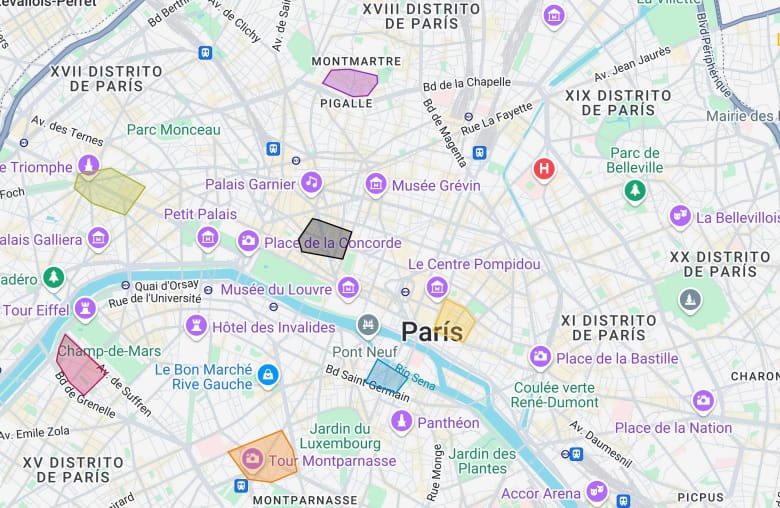 Mapa donde se reflejan las mejores zonas para alojarse en París.