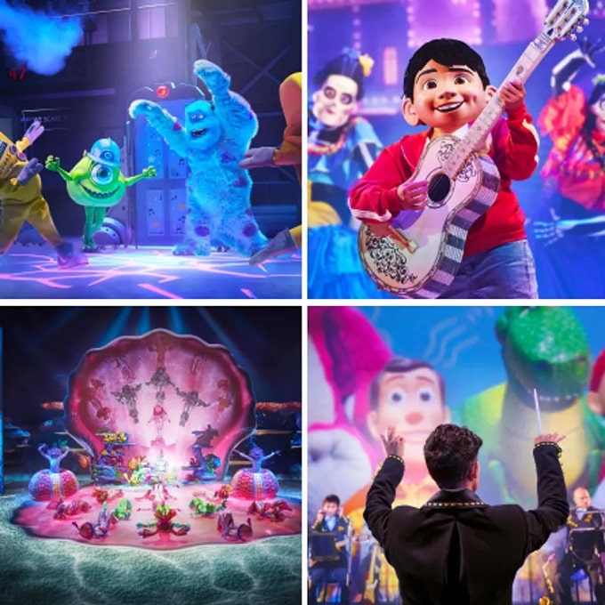 Personajes de Pixar y músicos sobre el escenario