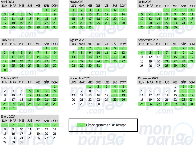 Dias de apertura en Futuroscope desde abril 2023 a enero 2024 Calendario con los dias de apertura en Futuroscope desde abril 2023 a enero 2024