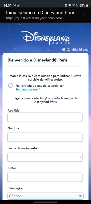 Datos a introducir para conectarse al WiFi de Disneyland Paris