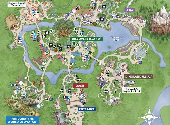 Mapa del parque Animal Kingdom de Walt Disney World con la ubicación de las atracciones, restaurantes, tiendas y espectáculos.