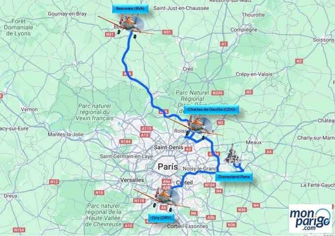 Mapa como llegar a Disneyland Paris indicando medios, tiempos y precios desde los diferentes aeropuertos.