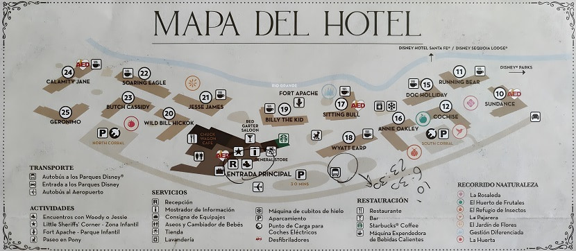 Mapa del Disney Hotel Cheyenne con los diferentes edificios de habitaciones, y los edificios de las instalaciones (recepción, restaurantes y lavandería).