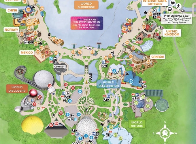 Mapa del parque EPCOT de Walt Disney World con la ubicación de las atracciones, restaurantes, tiendas y espectáculos.