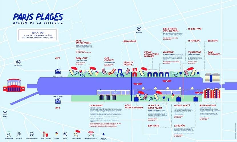 Mapa del estanque de la Villette - Canal de L'ourcq - Paris Plages Mapa Estanque de la Villette -Paris Plage - Canal de L'ourcq