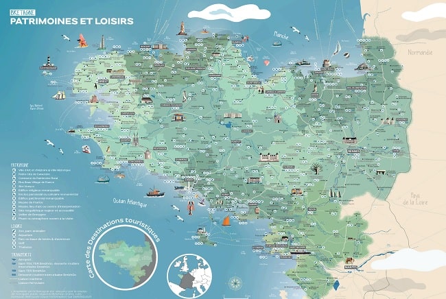 Mapa de la Bretaña francesa con las principales ciudades y atractivos de la región.