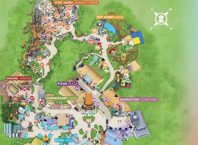 Mapa del parque Hollywood Studios de Walt Disney World con la ubicación de las atracciones, restaurantes, tiendas y espectáculos.