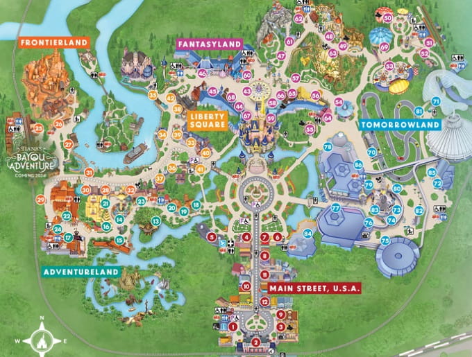 Mapa del parque Magic Kingdom de Walt Disney World con la ubicación de las atracciones, restaurantes, tiendas y espectáculos.
