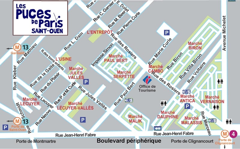 Mapa con los diferentes mercados del mercado de las Pulgas de París