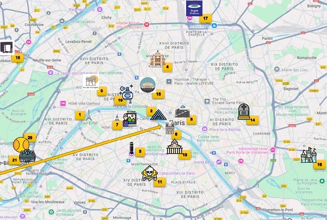 Mapa ubicando los principales monumentos y museos de París.