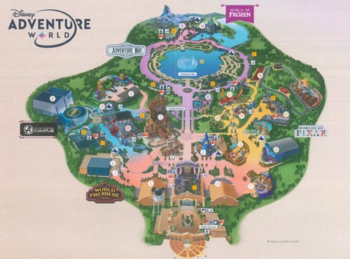 Mapa oficial de Disney Adventure World (antiguo Walt Disney Studios) con atracciones, restaurantes y espectáculos.