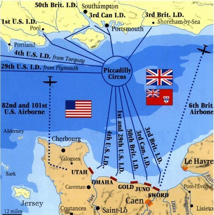Mapa del plan para atacar Normandía por mar