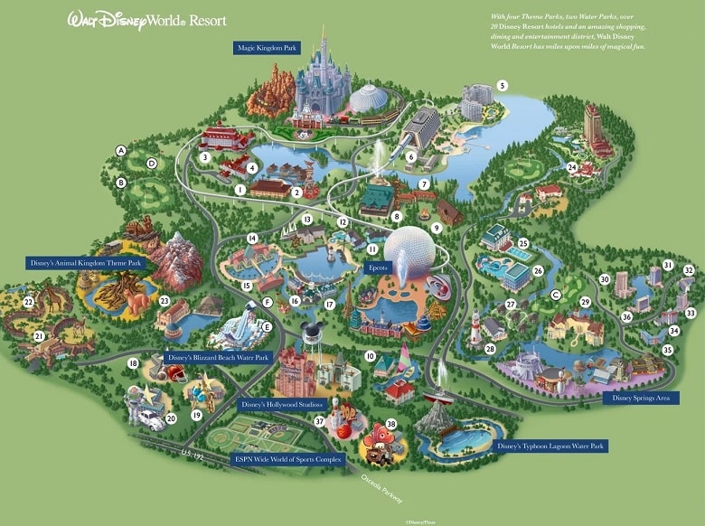 Mapa de Walt Disney World Resort Orlando en Florida USA