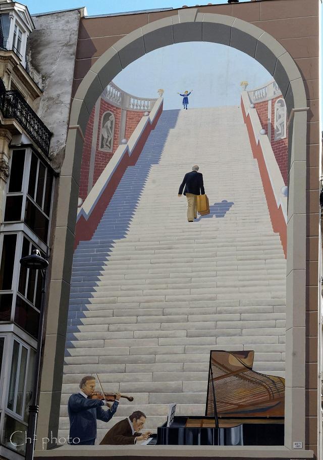 Mural Rue Étienne Marcel París - Hombre subiendo escaleras