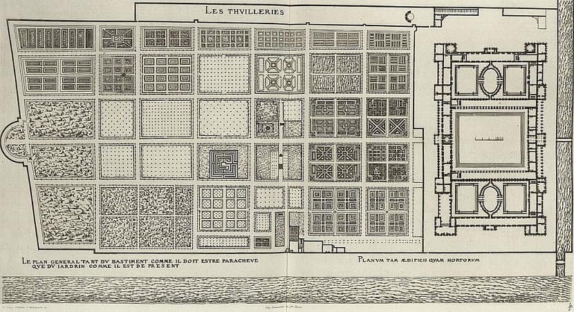 Plano del antiguo Palacio de las Tullerías de París y sus jardines