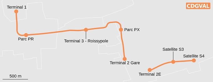 Mapa o plano de las paradas del Tren ligero CDGVAL del aeropuerto de Paris-Charles de Gaulle