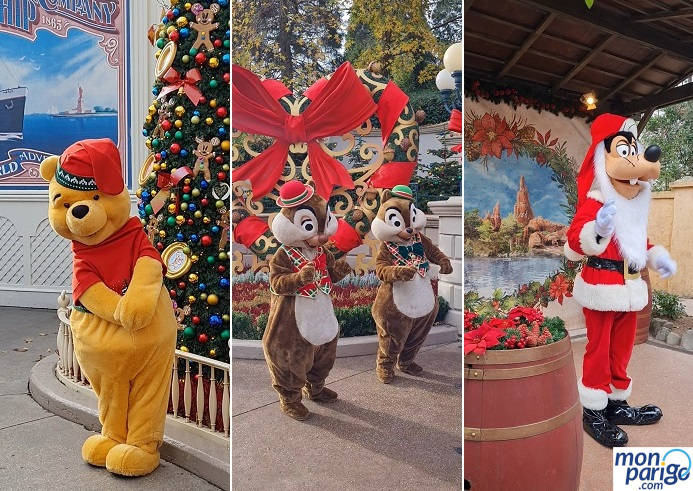 Winnie the Pooh, Pluto y Chip y Chop vestidos con ropa de Navidad en Disneyland Paris