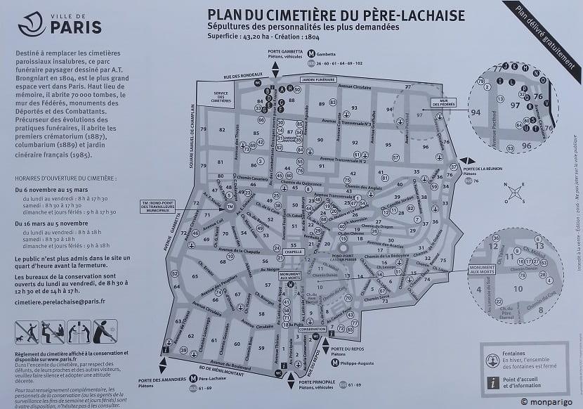 Plano del cementerio del Père Lachaise de París - Fontal