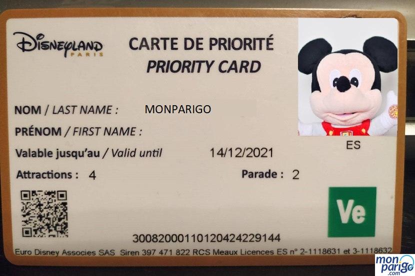 Tarjeta de acceso prioritario (Priority Card) de Disneyland Paris