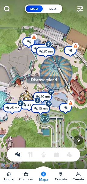 Tiempos de espera en Disneyland Paris - Pantallazo de la App oficial