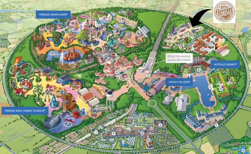 Mapa del complejo turístico de Disneyland Paris con la ubicación del Hotel Cheyenne.