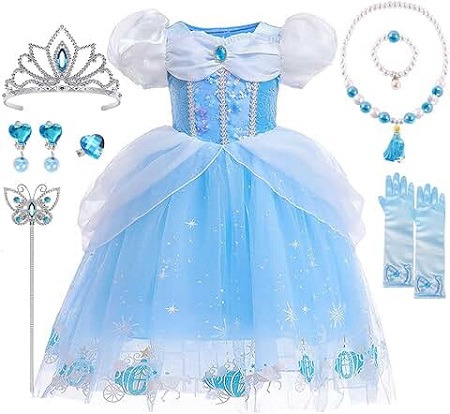 Vestido azul de princesa Disney con corona, guantes, diadema y pendientes.