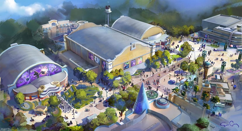 Arte conceptual de World Premiere Plaza del futuro Disney Adventure World de Disneyland Paris